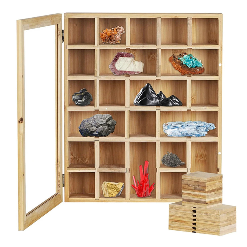 Wooden Crystal Rock Display Box With Adjustable Grids And Dust Door