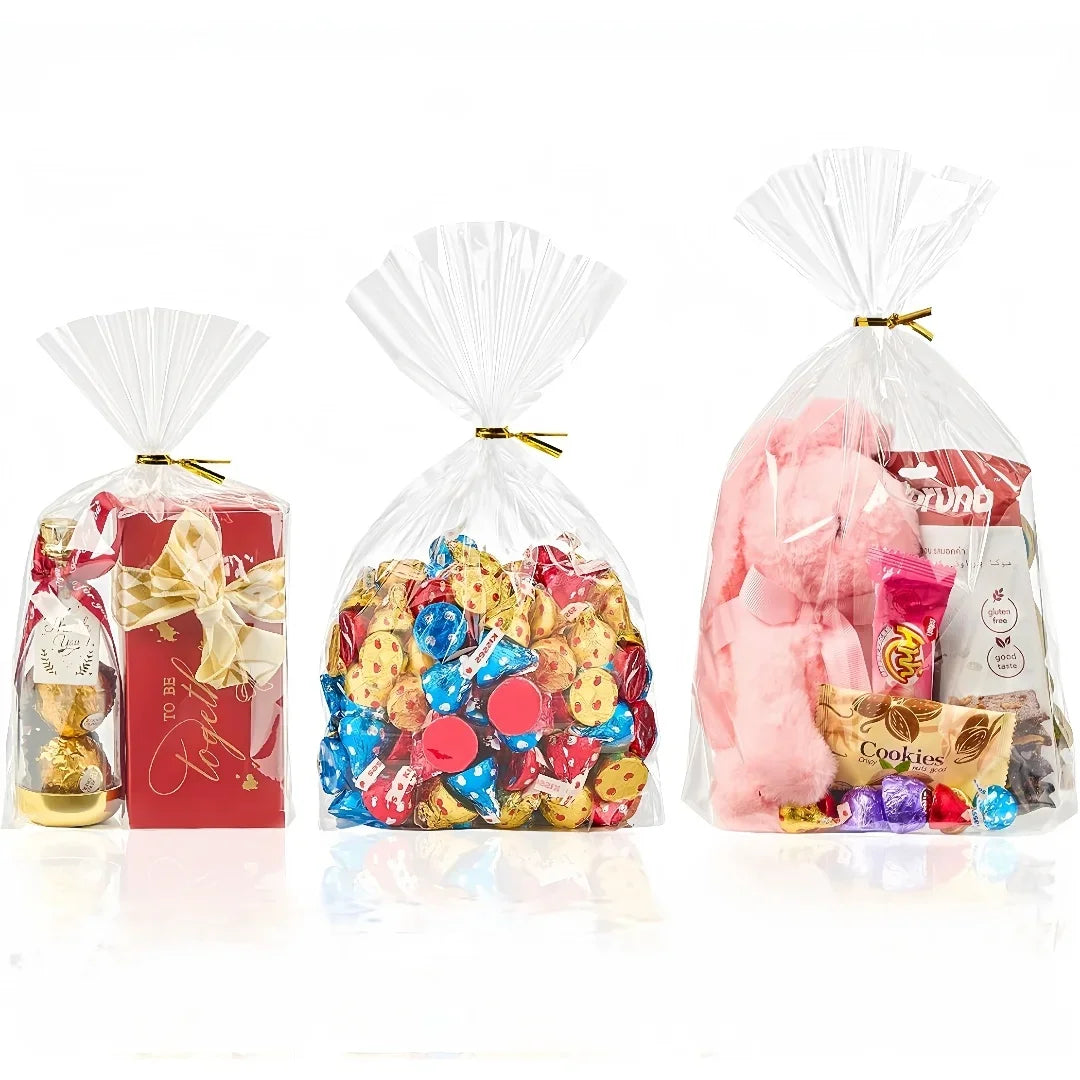 Transparent Flat Bottom Gusset Gift Bags with Kink Tie