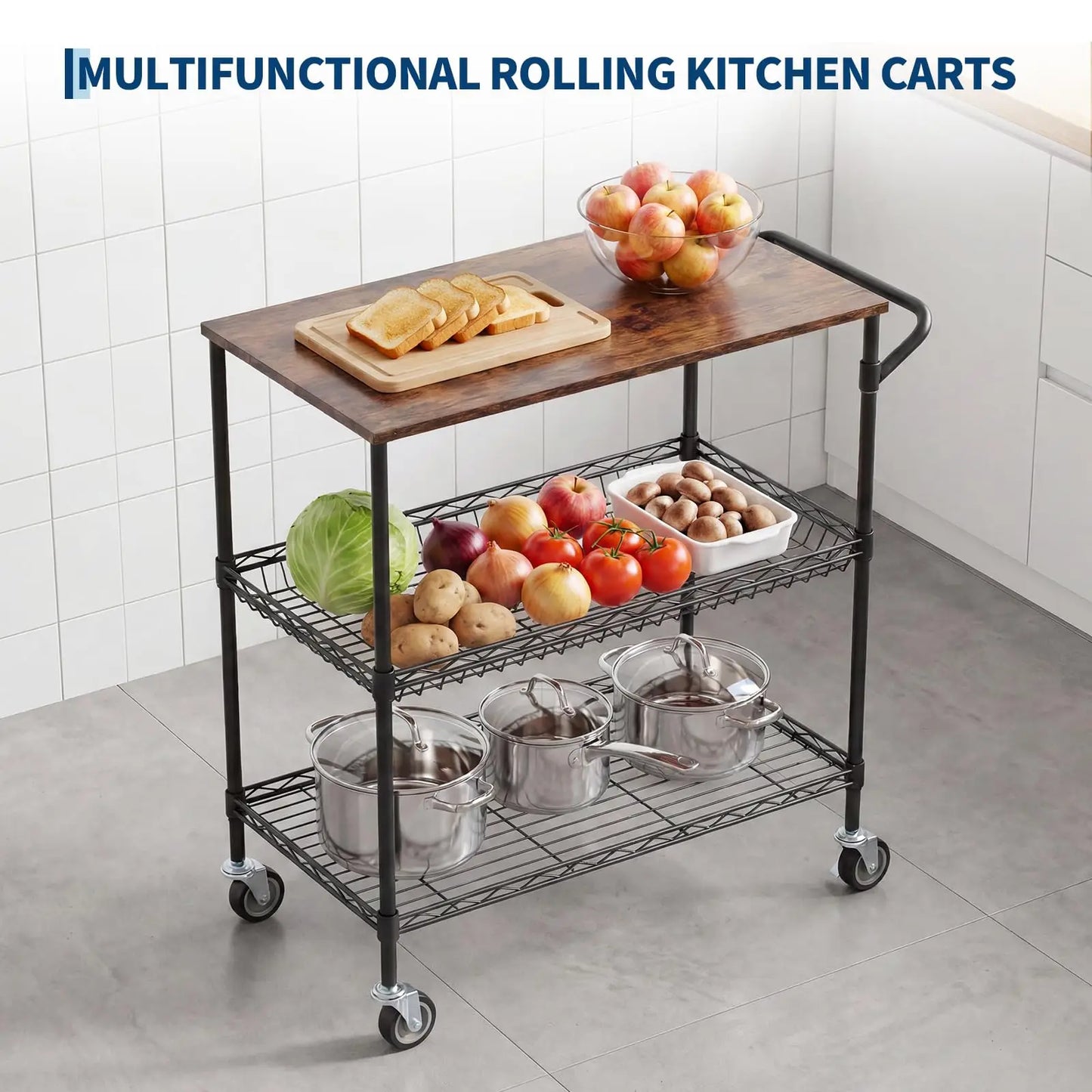 HiMISS Rolling Kitchen Cart Wood Top 3 Tier On Wheels