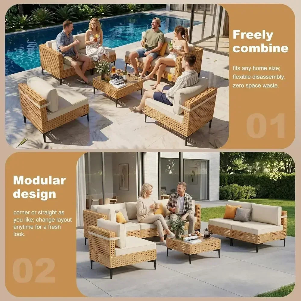7 Piece Boho Outdoor Wicker Patio Furniture Set Sectional Sofa