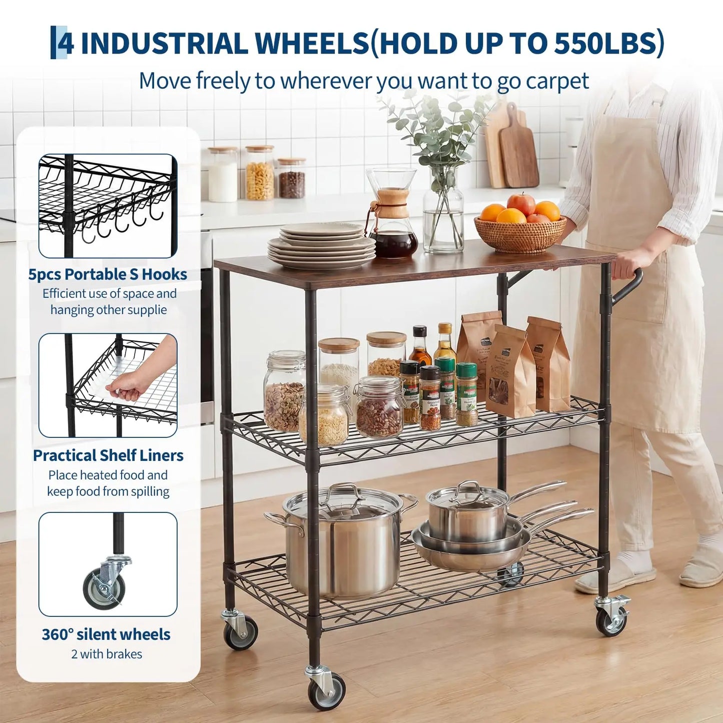 HiMISS Rolling Kitchen Cart Wood Top 3 Tier On Wheels