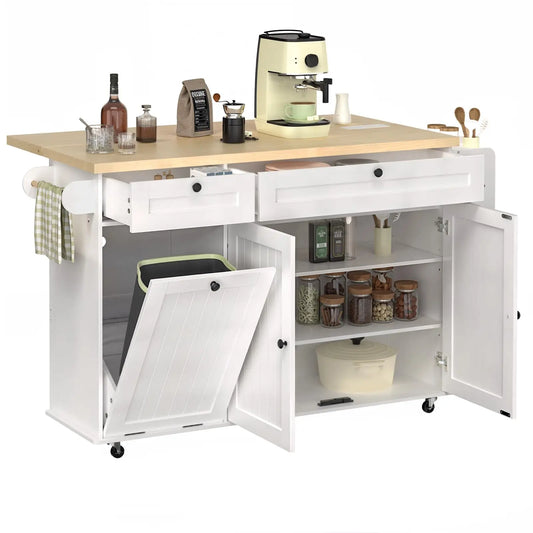 ONBRILL Mobile Kitchen Island With Power Outlet Spice Rack