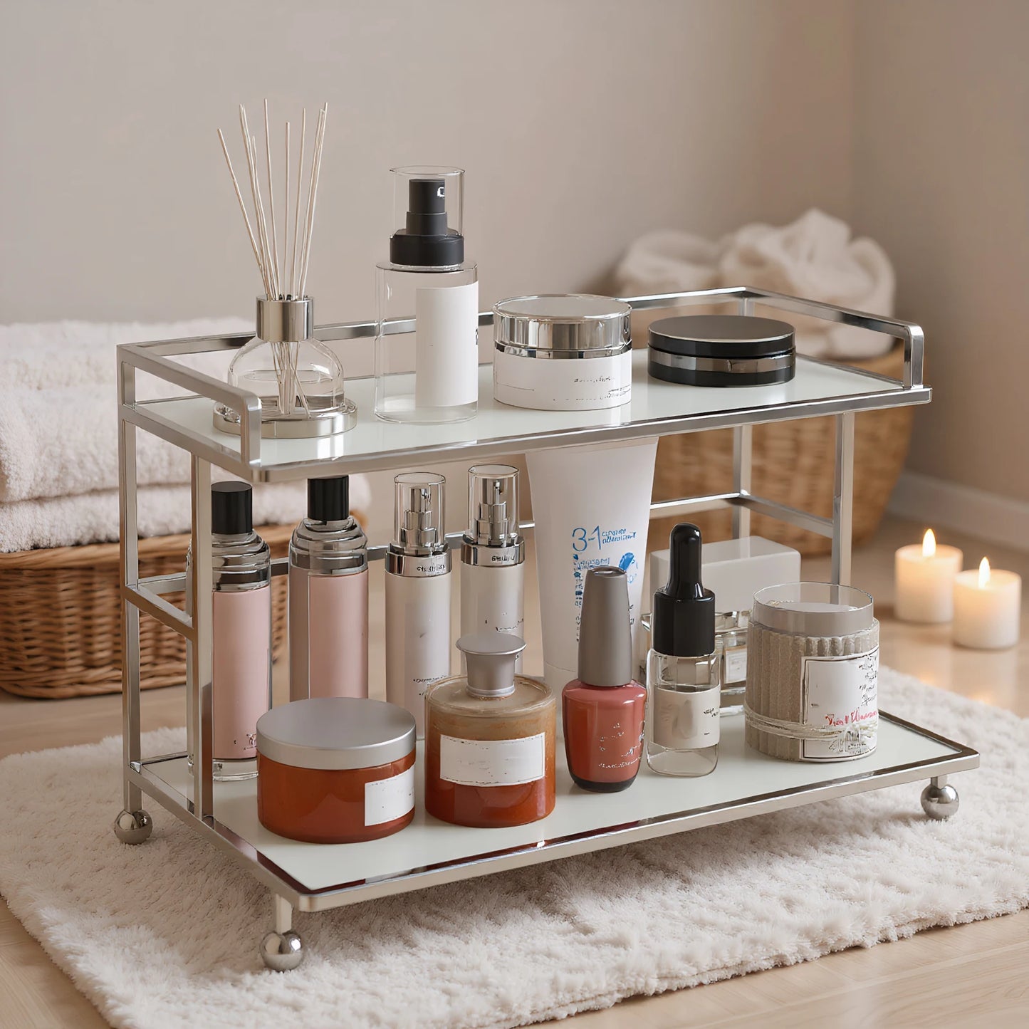 Two Tier Metal Counter Storage Rack For Dresser And Kitchen