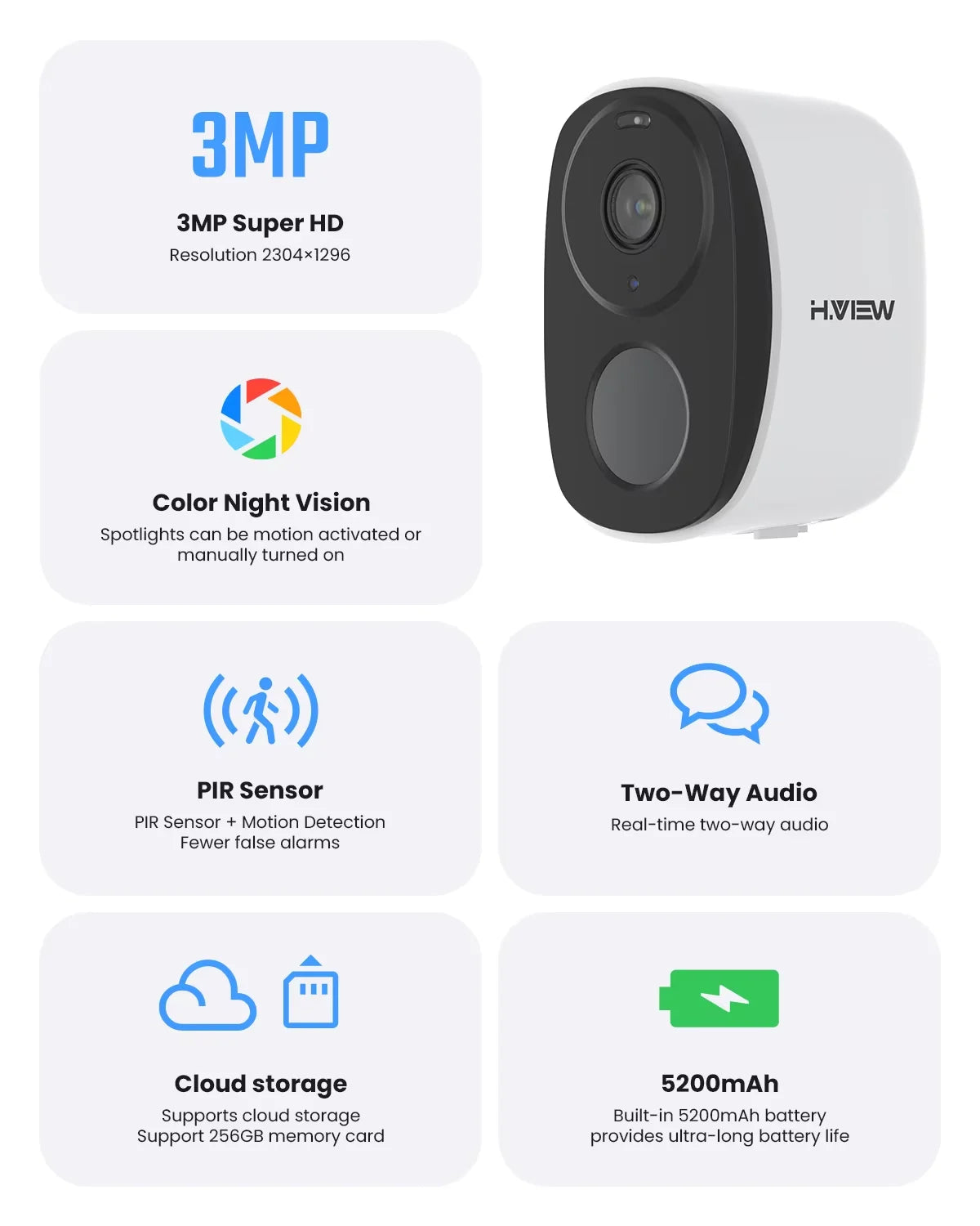 H.VIEW PIR Battery Powered Wireless Outdoor 2K 3MP Security Camera