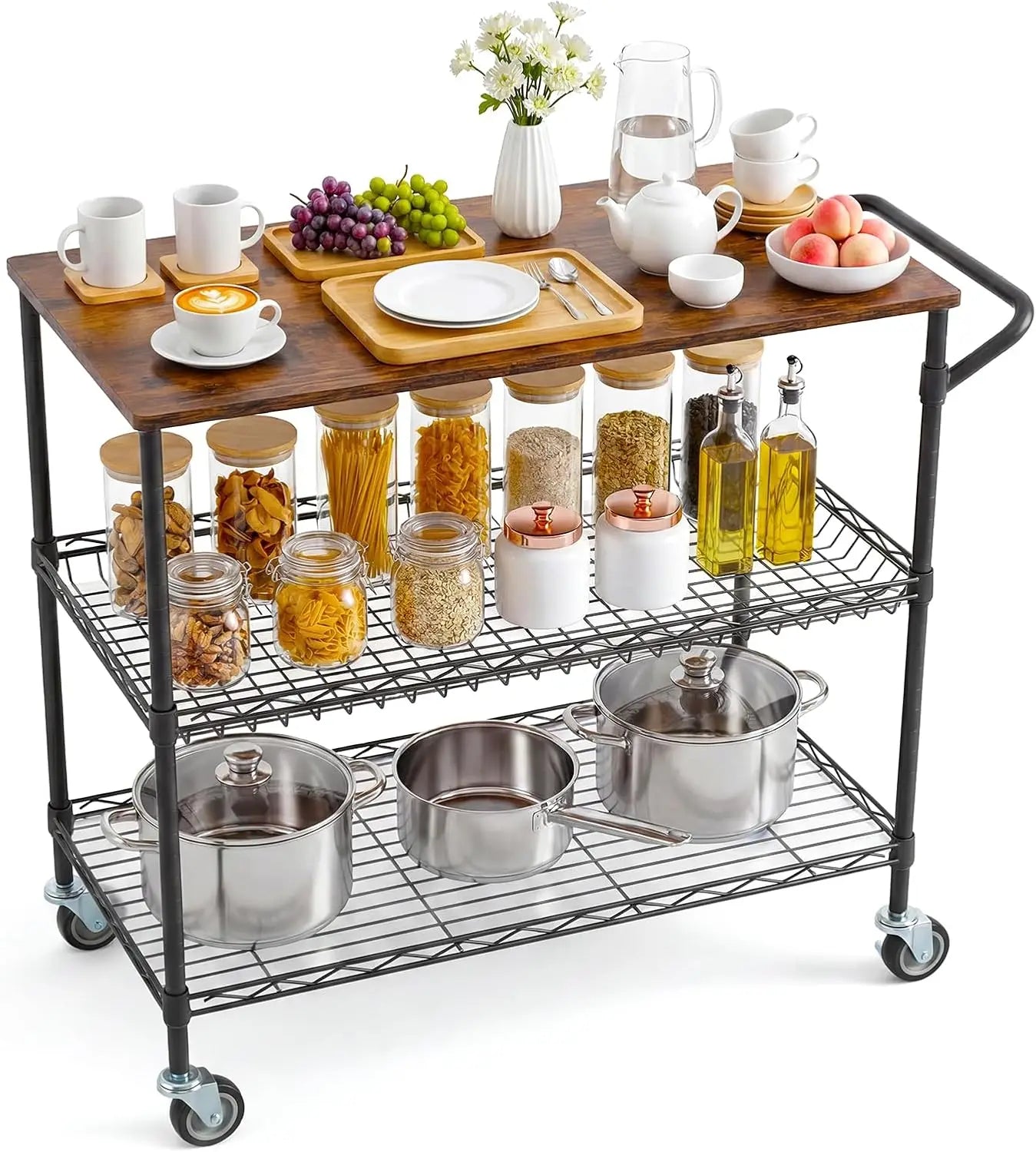 HiMISS Rolling Kitchen Cart Wood Top 3 Tier On Wheels