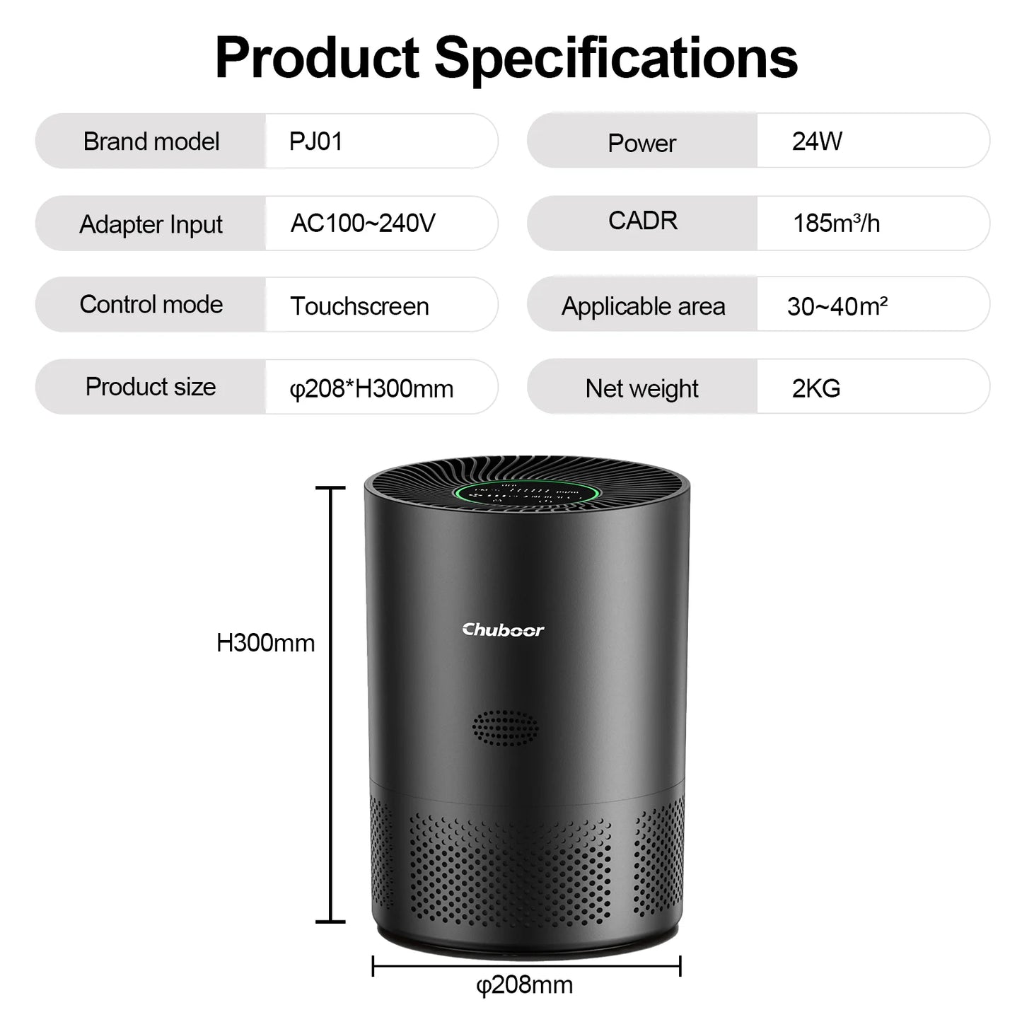 Chuboor H13 True HEPA Air Purifier for Home 40 Square Meters CADR 185
