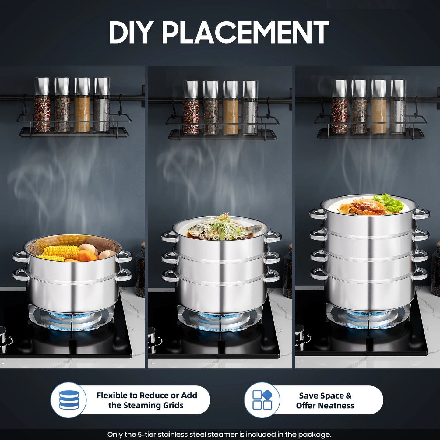 Five Tier Stainless Steel Steamer Pot With Clear Lid Anti Scald Handle