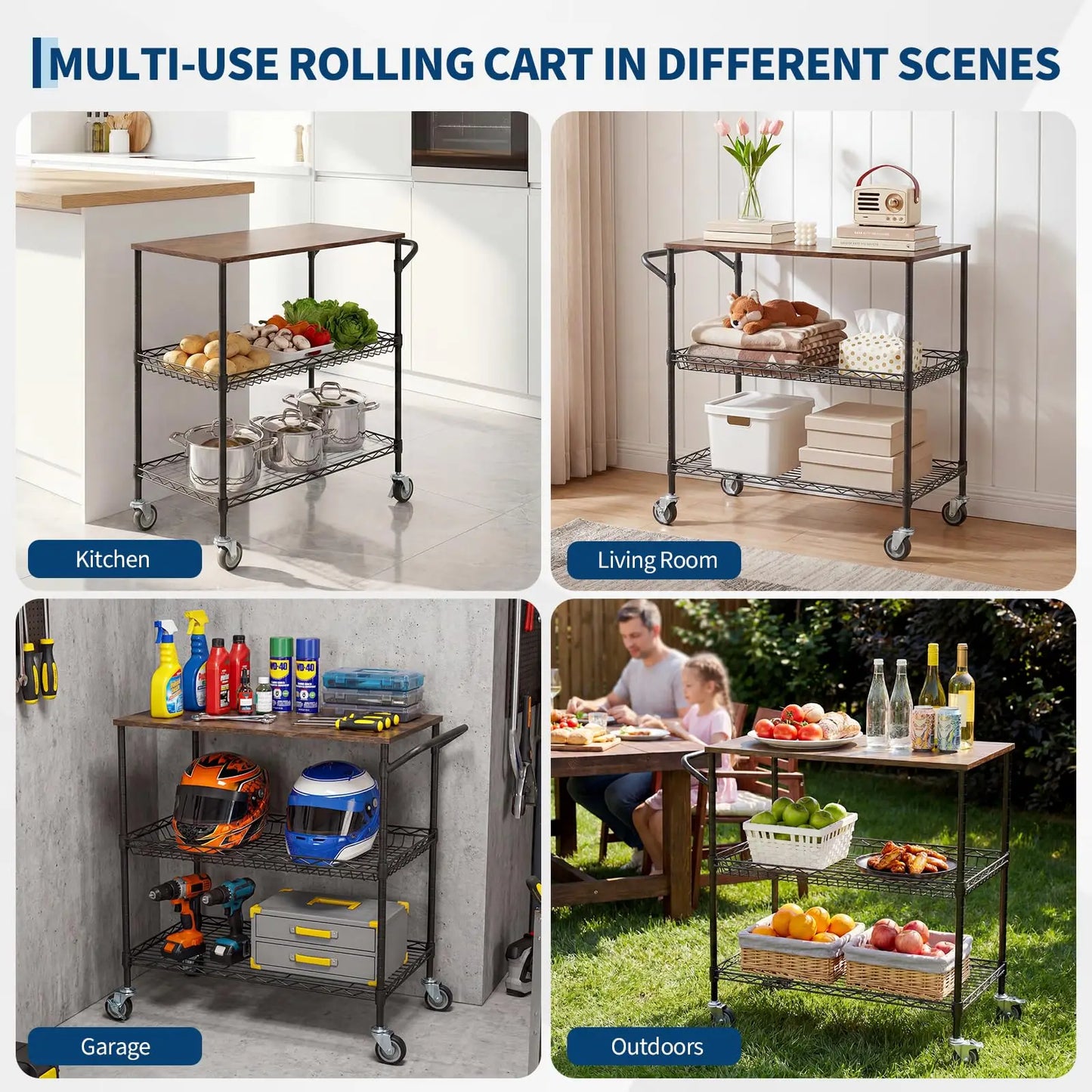 HiMISS Rolling Kitchen Cart Wood Top 3 Tier On Wheels