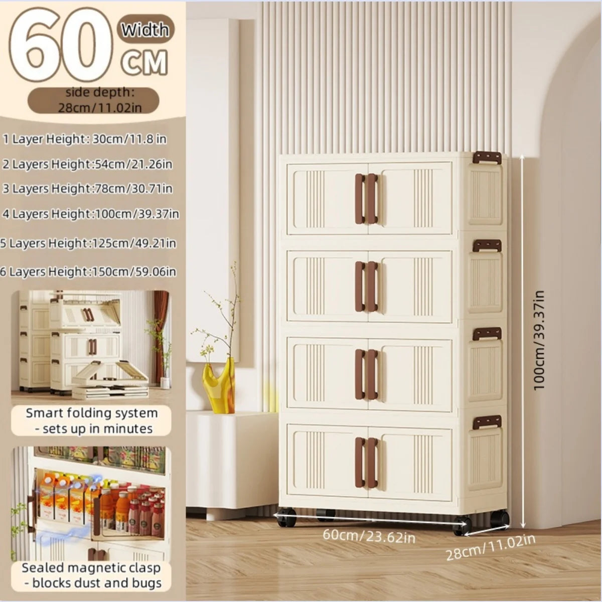 Foldable Plastic Storage Cabinet With Transparent Shelves