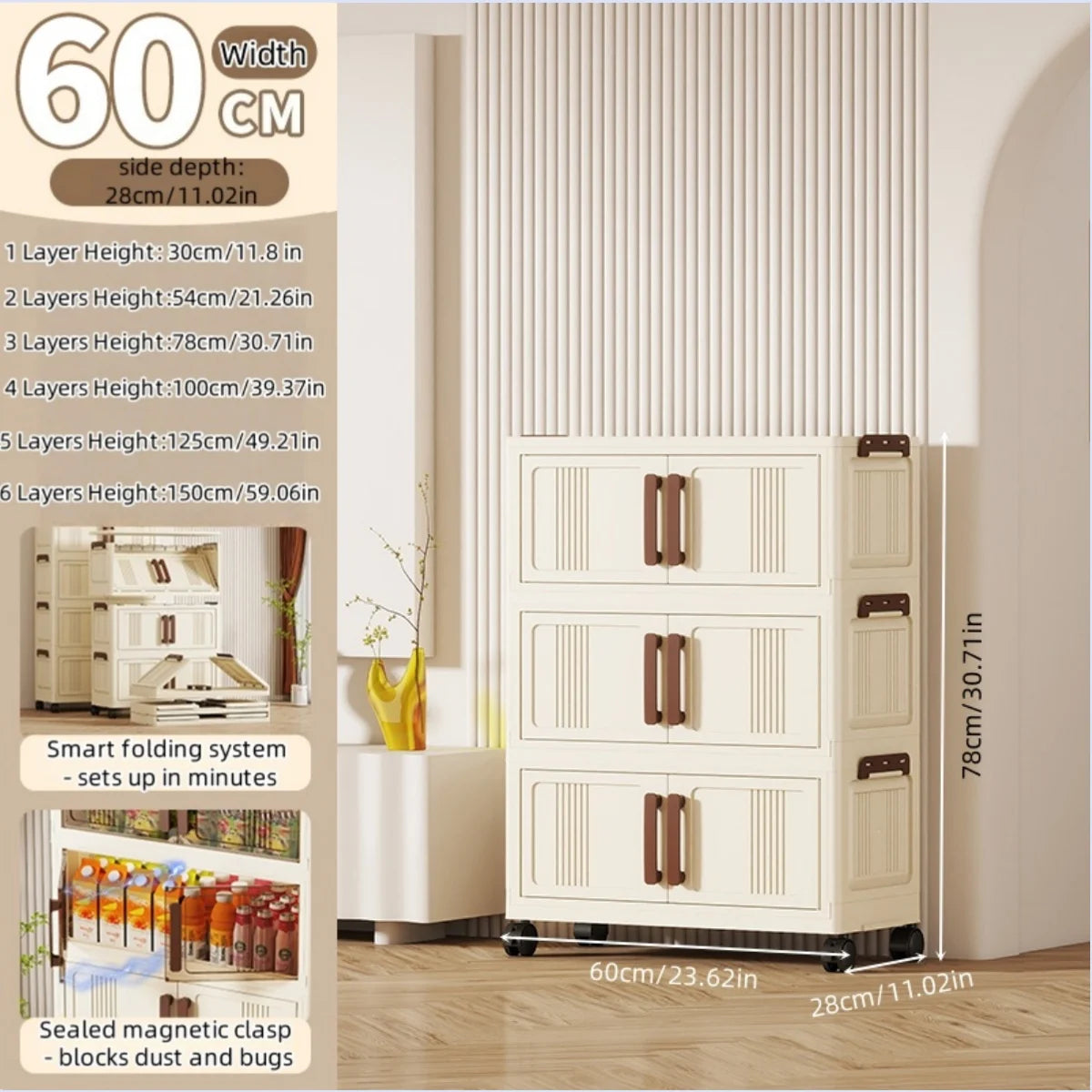 Foldable Plastic Storage Cabinet With Transparent Shelves