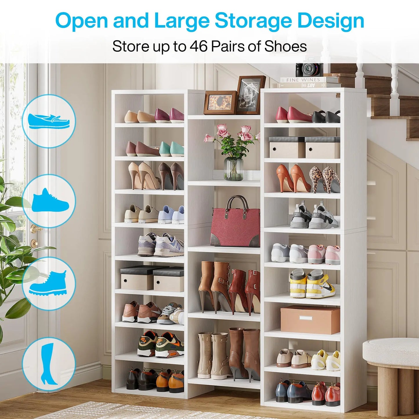 Tribesigns 14 Tier Freestanding White Wooden Shoe Rack Storage Cabinet