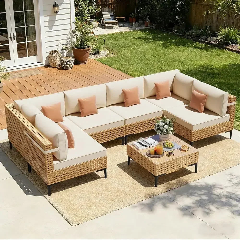 7 Piece Boho Outdoor Wicker Patio Furniture Set Sectional Sofa