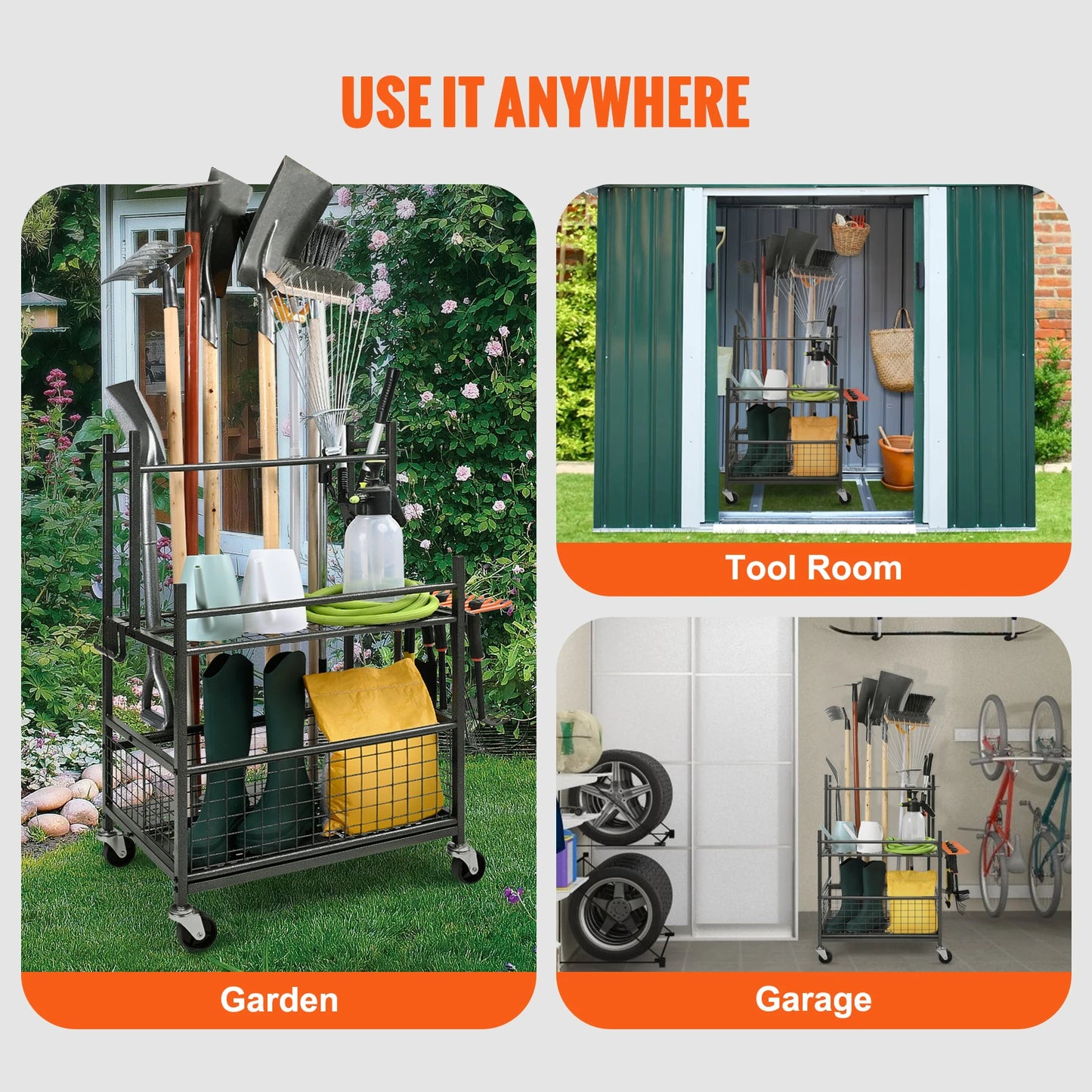 SucceBuy 16 Slot Garden Tool Organizer Rack With Hooks Wheels