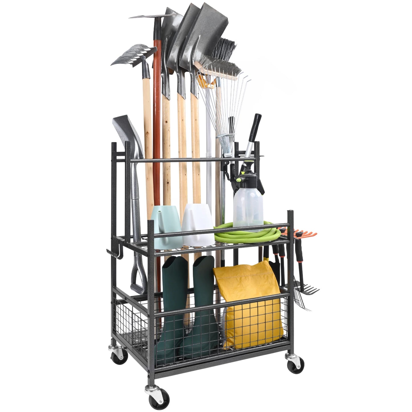 SucceBuy 16 Slot Garden Tool Organizer Rack With Hooks Wheels