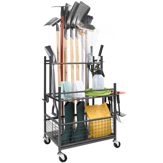 SucceBuy 16 Slot Garden Tool Organizer Rack With Hooks Wheels