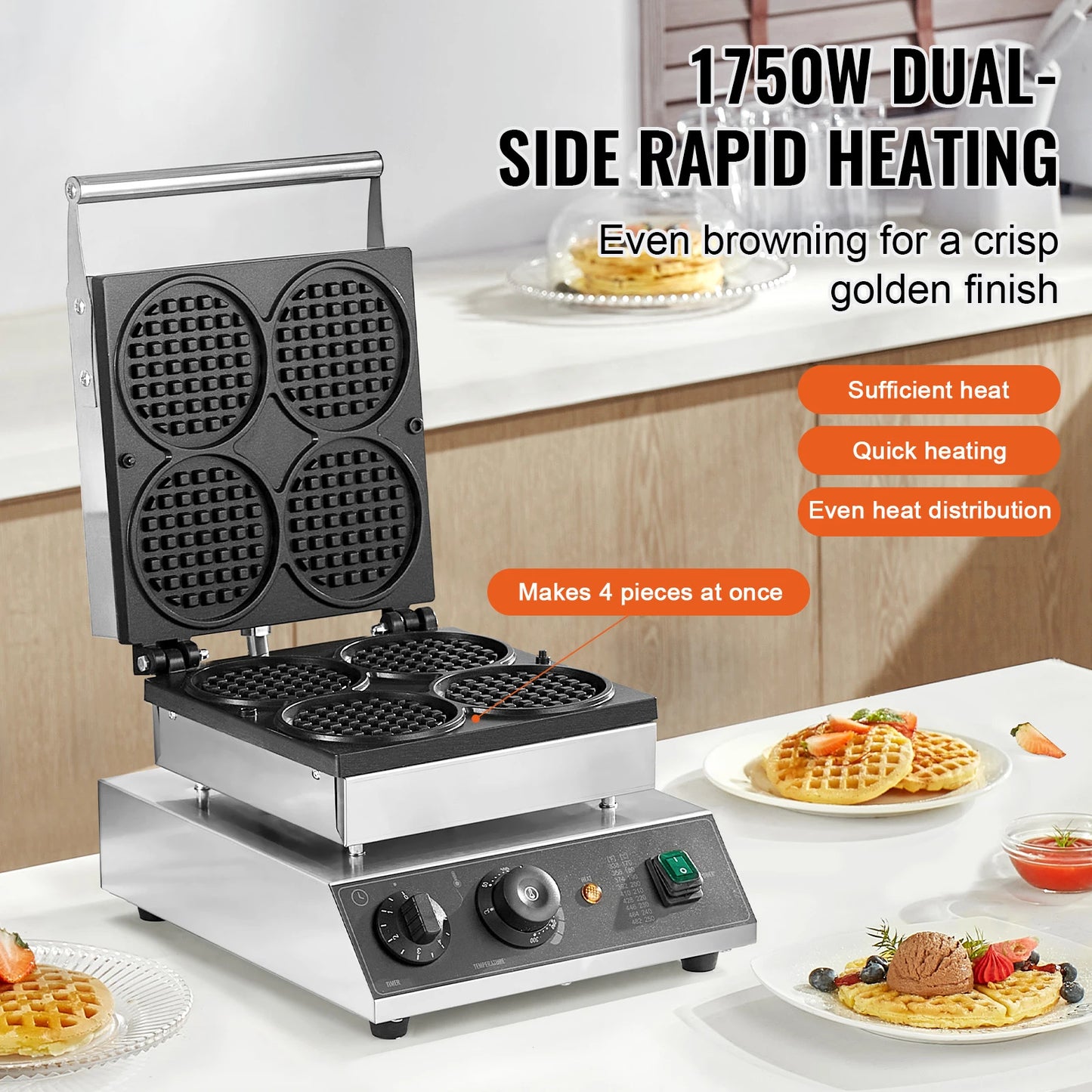 SucceBuy Commercial Round Waffle Maker, Belgian Waffle Iron, 1000-1500W