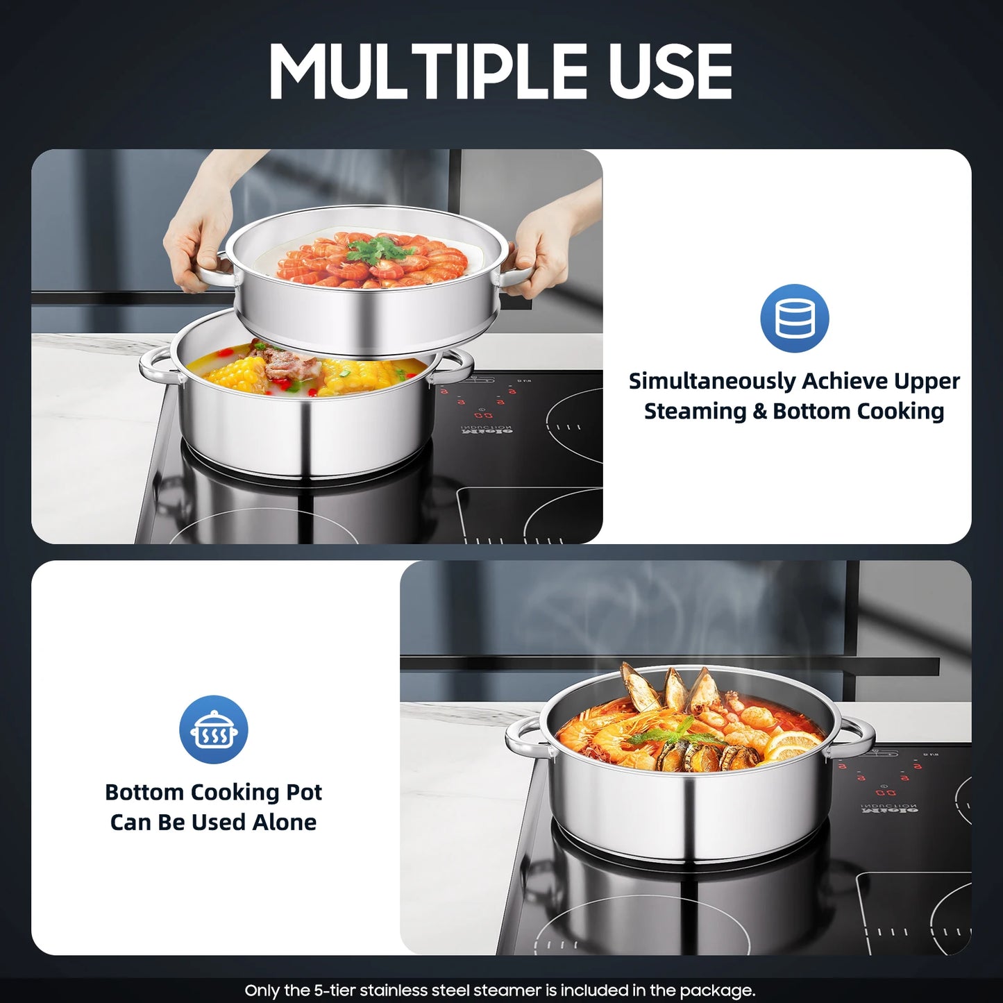 Five Tier Stainless Steel Steamer Pot With Clear Lid Anti Scald Handle