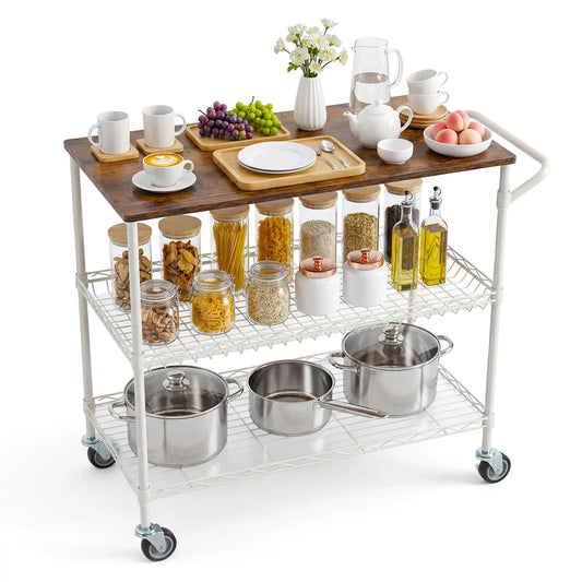 HiMISS Rolling Kitchen Cart Wood Top 3 Tier On Wheels