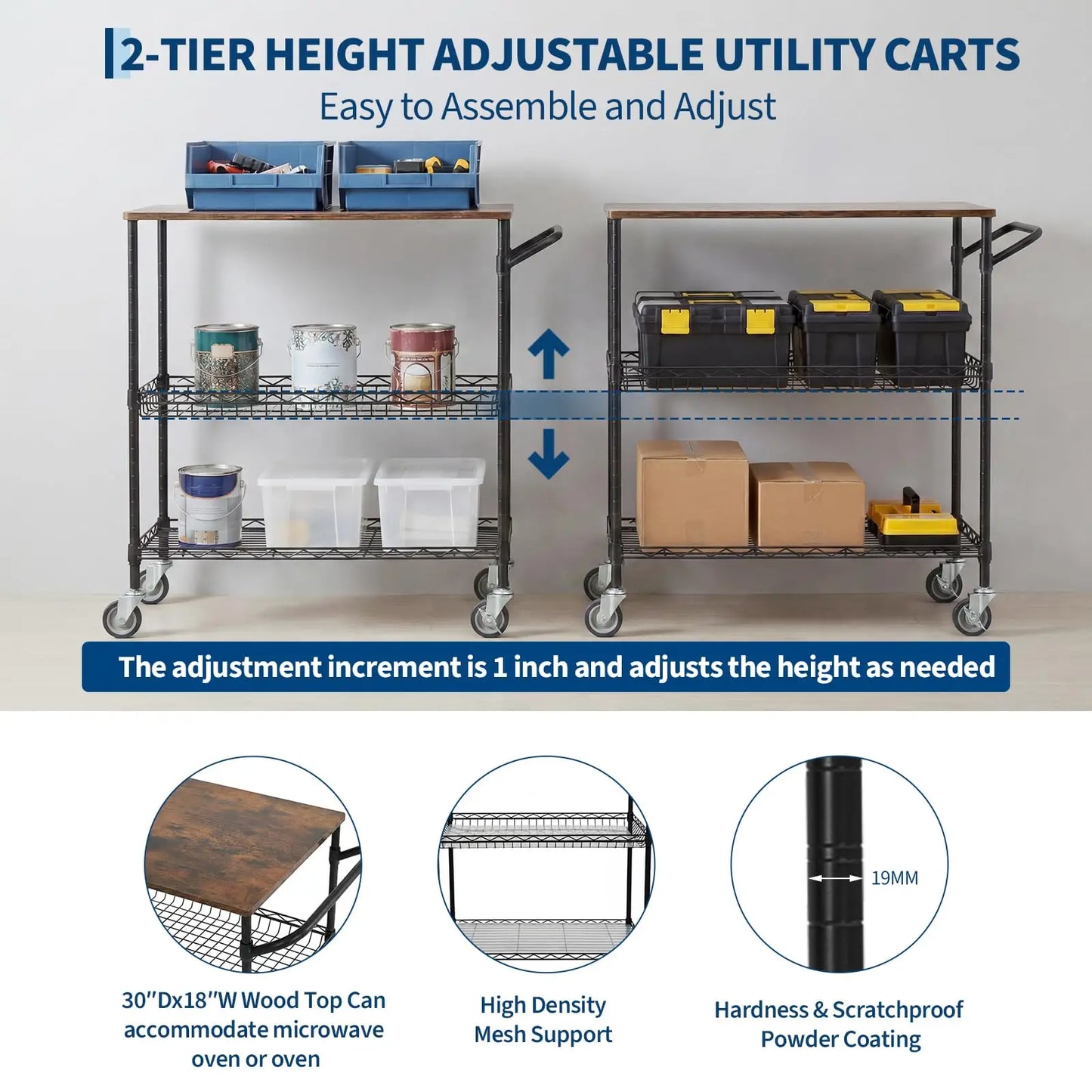 HiMISS Rolling Kitchen Cart Wood Top 3 Tier On Wheels