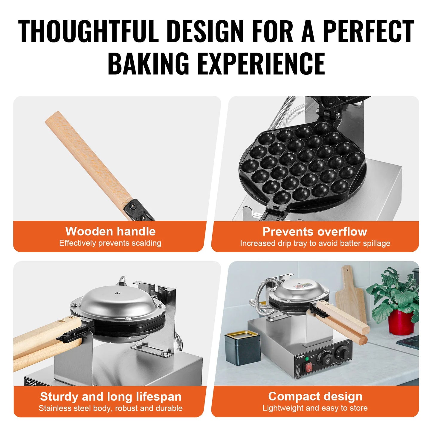 SucceBuy Bubble Waffle Maker 1400W Rotatable 2 Pans