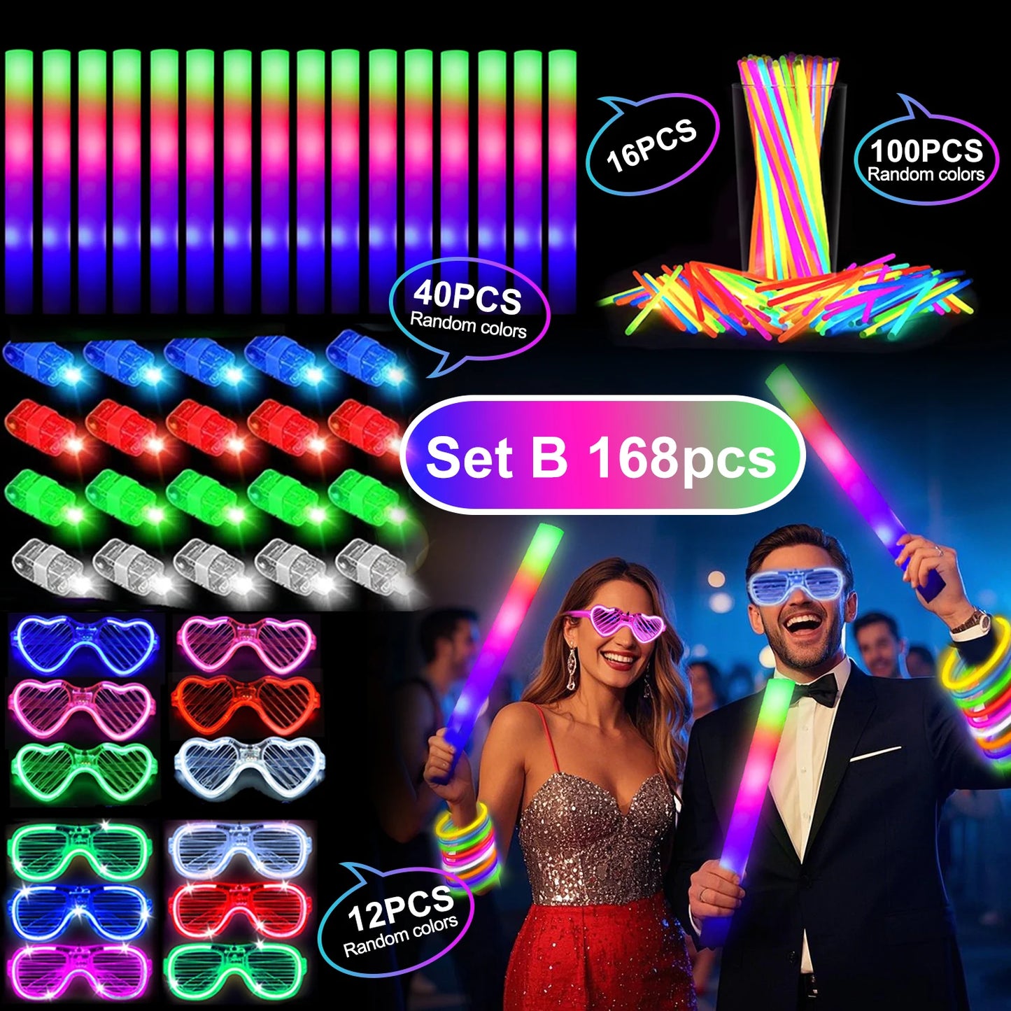Glow Party Kit 168 Pieces With LED Glasses And Glow Sticks