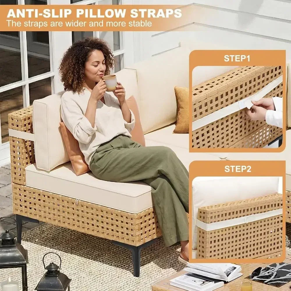 7 Piece Boho Outdoor Wicker Patio Furniture Set Sectional Sofa