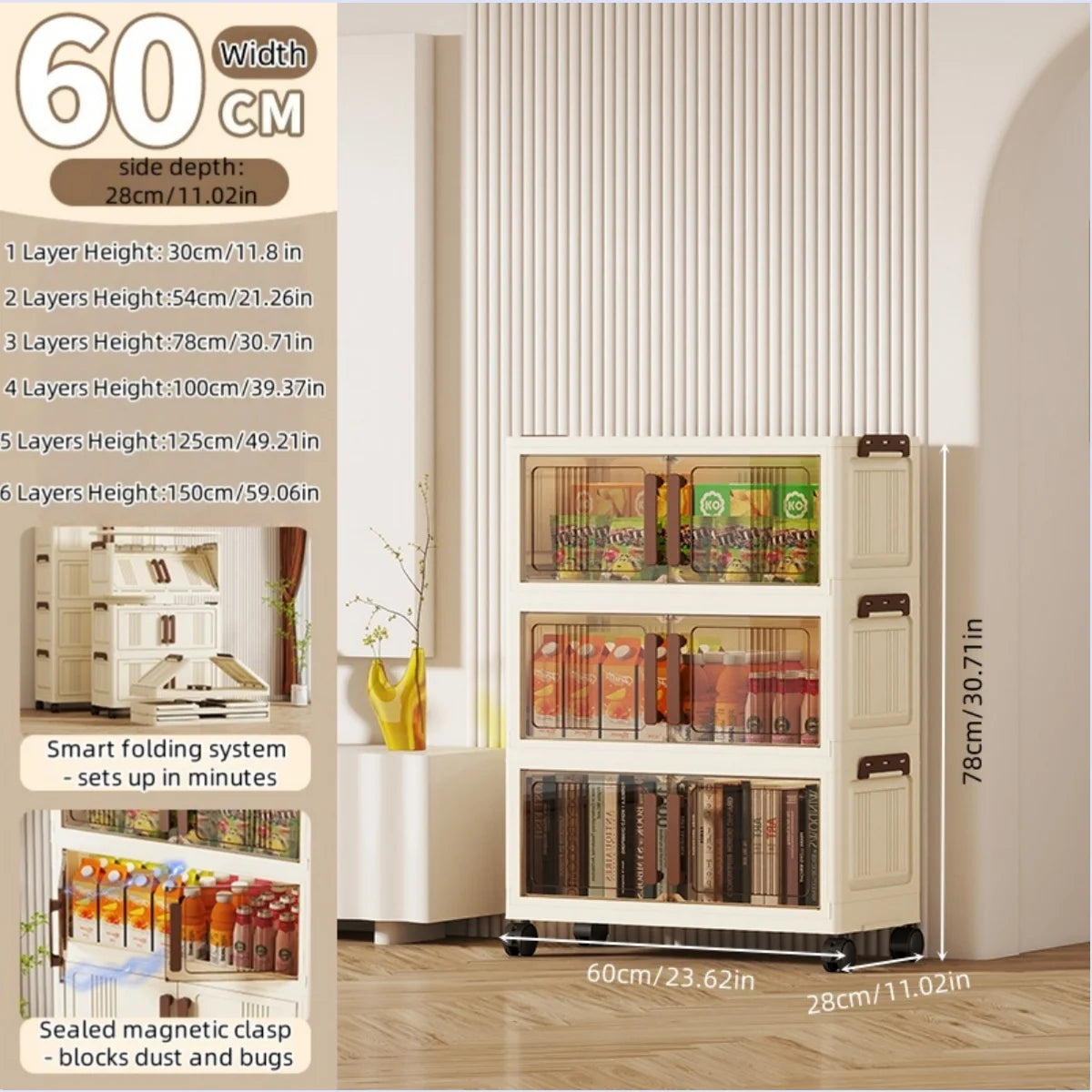 Foldable Plastic Storage Cabinet With Transparent Shelves