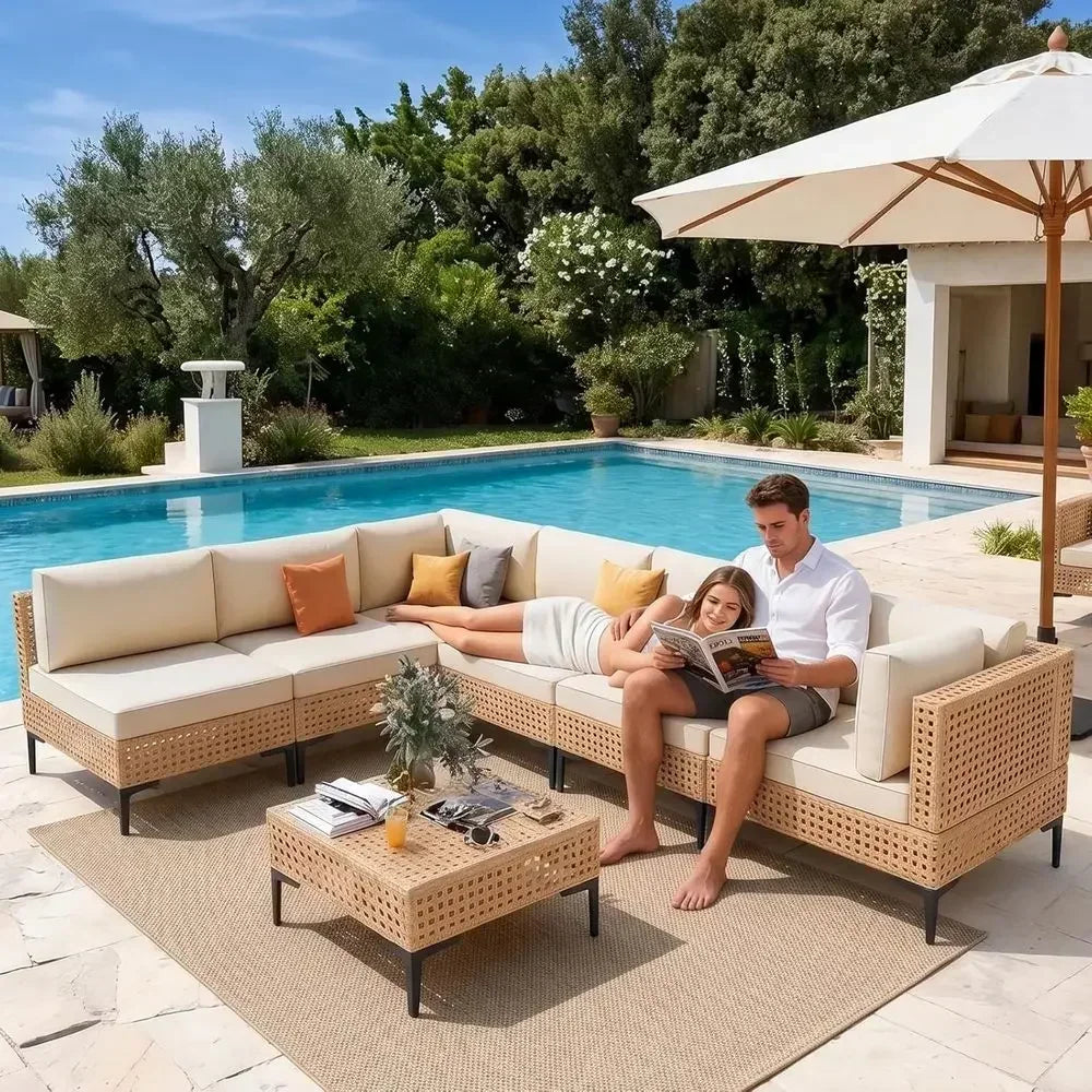 7 Piece Boho Outdoor Wicker Patio Furniture Set Sectional Sofa