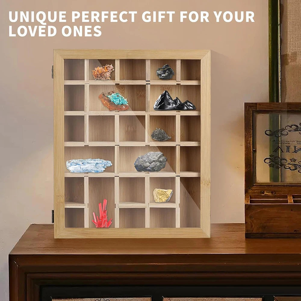 Wooden Crystal Rock Display Box With Adjustable Grids And Dust Door