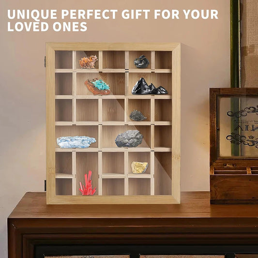 Wooden Crystal Rock Display Box With Adjustable Grids And Dust Door