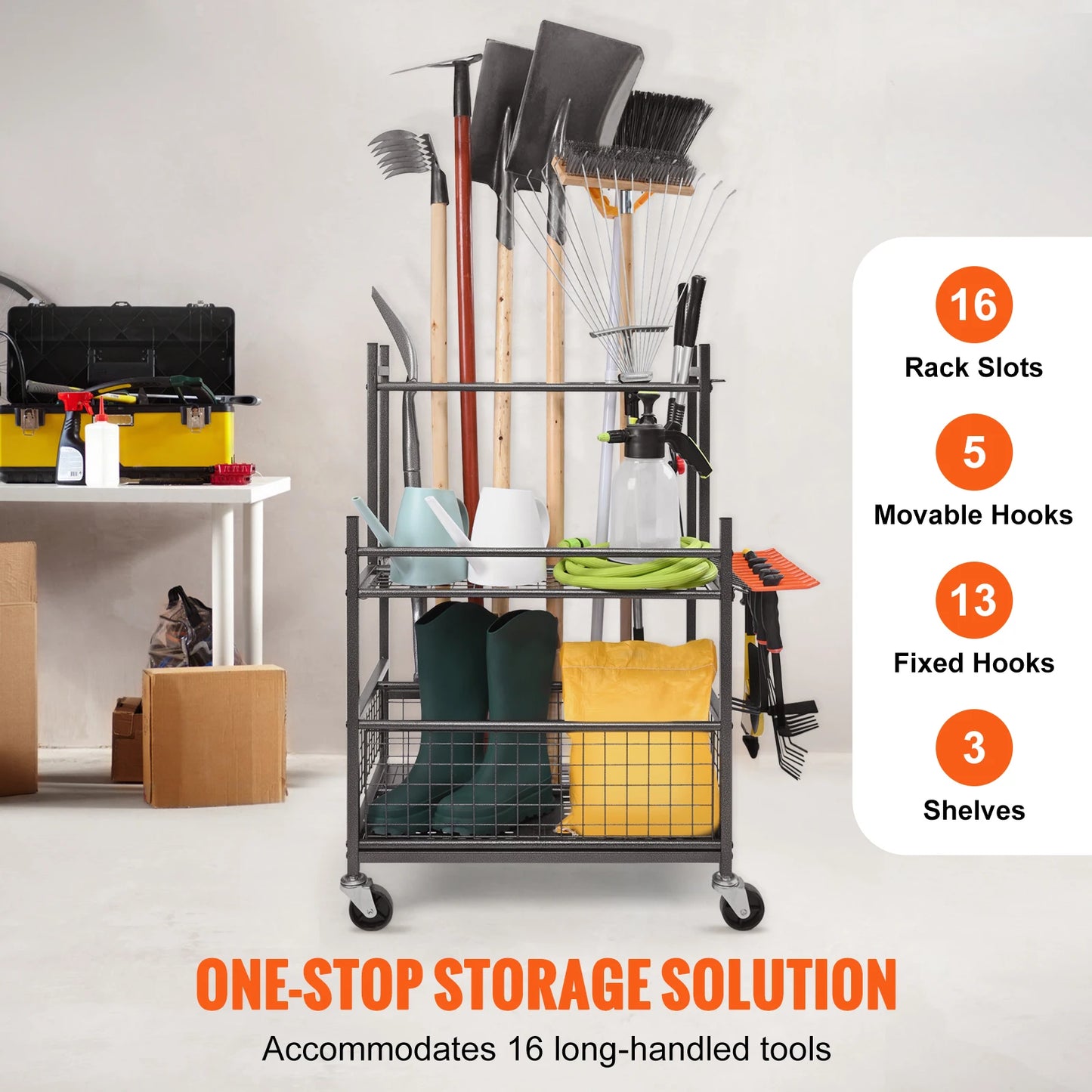 SucceBuy 16 Slot Garden Tool Organizer Rack With Hooks Wheels