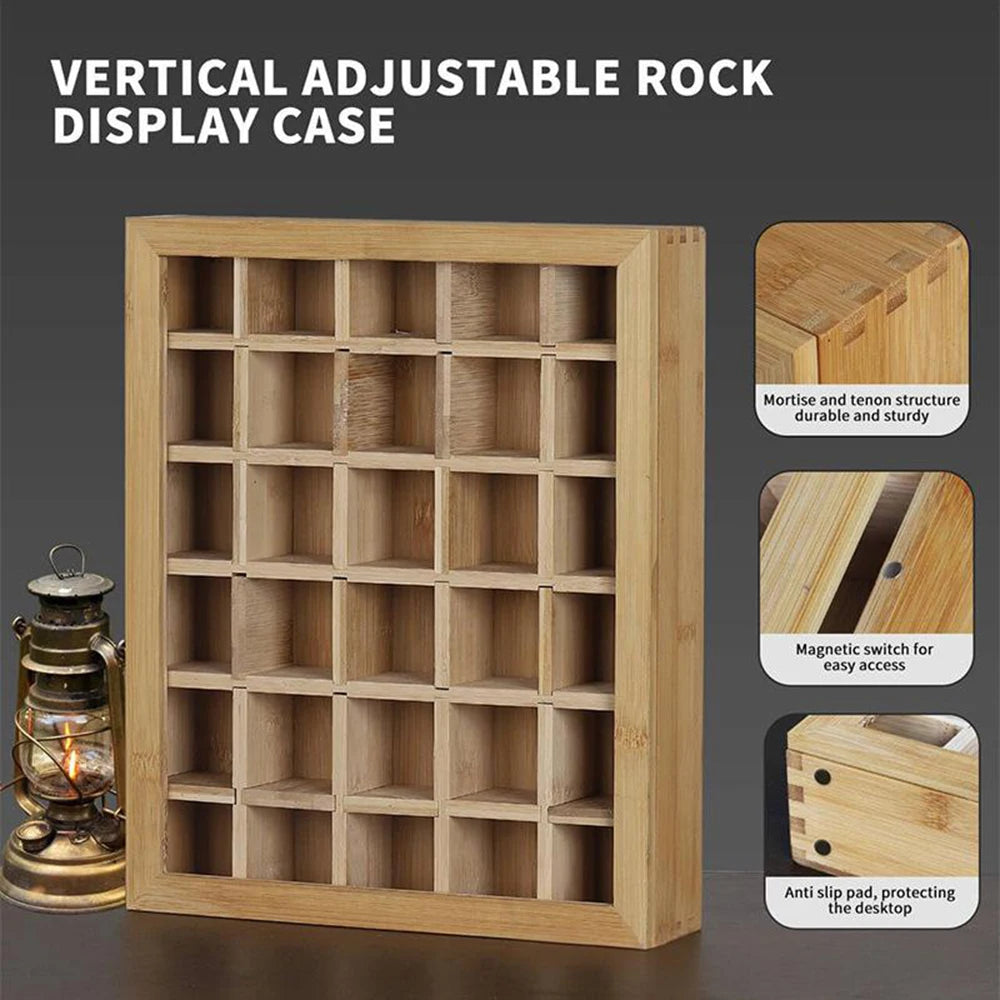Wooden Crystal Rock Display Box With Adjustable Grids And Dust Door