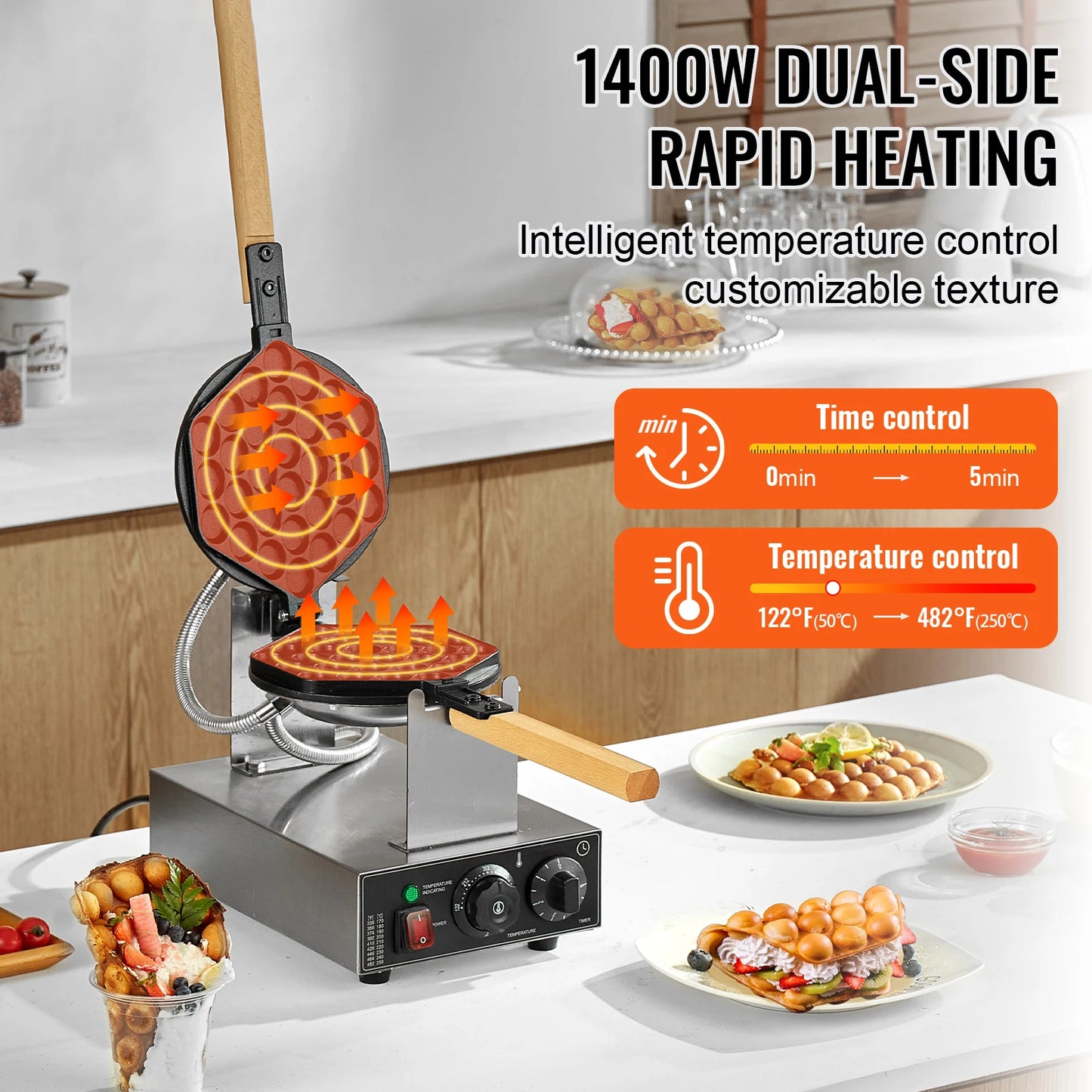 SucceBuy Bubble Waffle Maker 1400W Rotatable 2 Pans