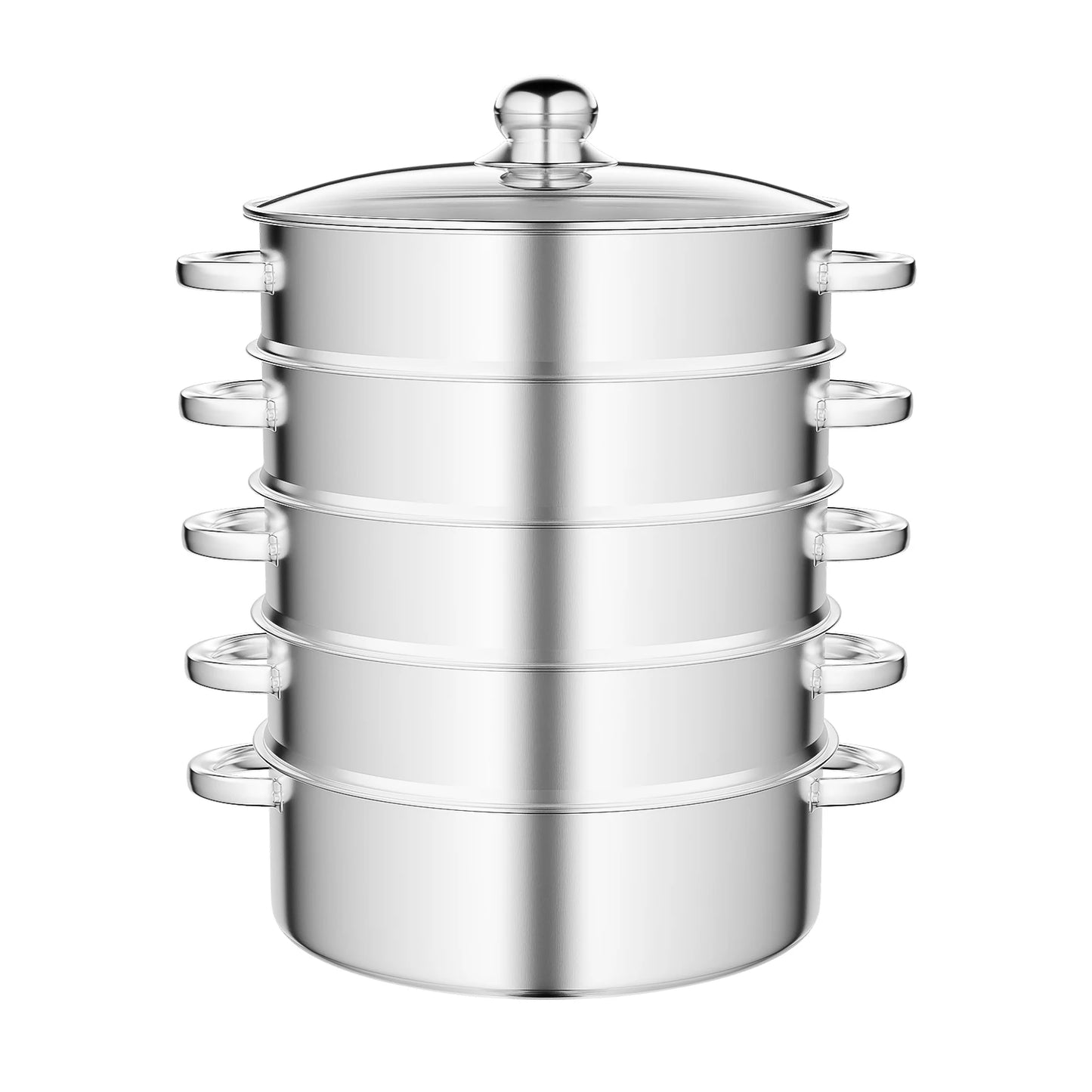 Five Tier Stainless Steel Steamer Pot With Clear Lid Anti Scald Handle