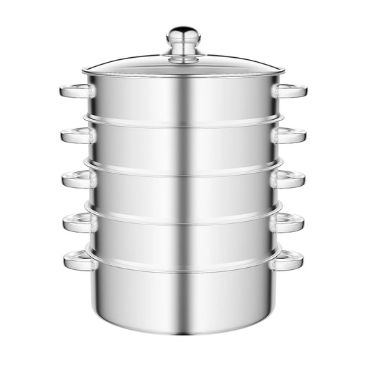 Five Tier Stainless Steel Steamer Pot With Clear Lid Anti Scald Handle