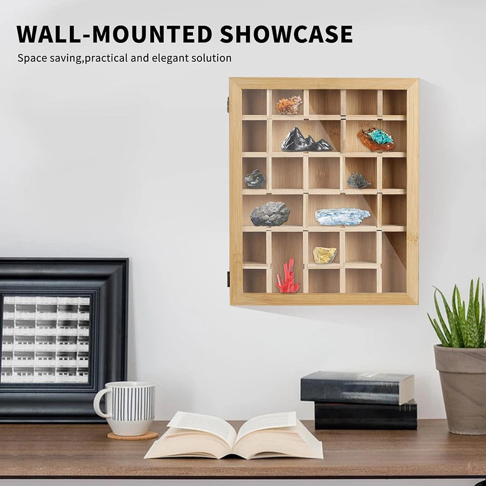 Wooden Crystal Rock Display Box With Adjustable Grids And Dust Door