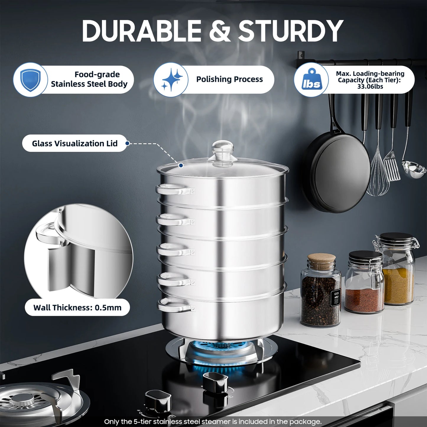Five Tier Stainless Steel Steamer Pot With Clear Lid Anti Scald Handle
