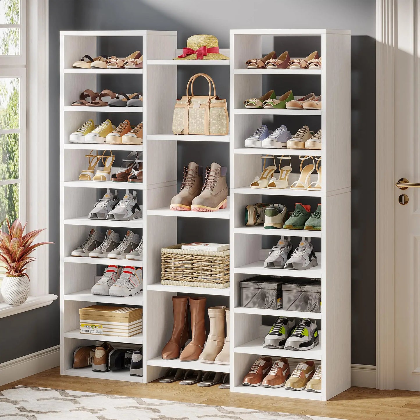 Tribesigns 14 Tier Freestanding White Wooden Shoe Rack Storage Cabinet