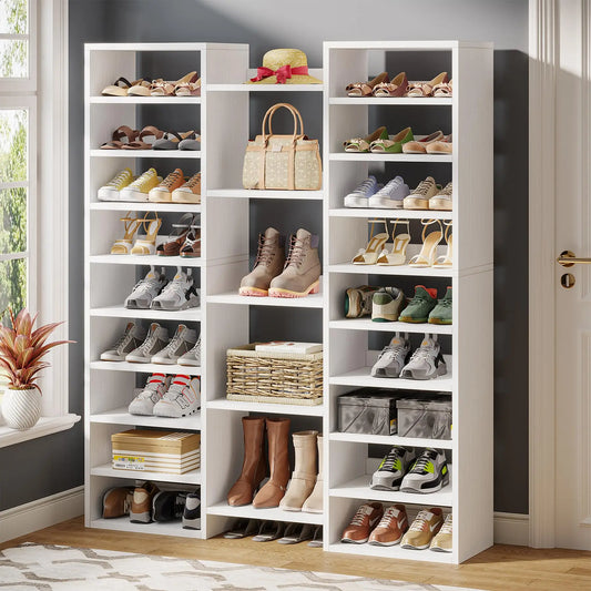 Tribesigns 14 Tier Freestanding White Wooden Shoe Rack Storage Cabinet