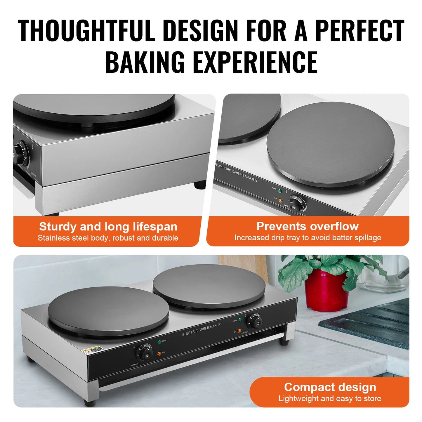 Double Head Electric Crepe Maker With Flat Plate Griddle Commercial